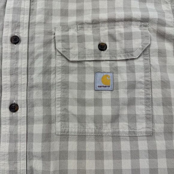 Carhartt Men’s 2XL Loose Fit Plaid Short Sleeve Button Up Work Shirt Tan Cotton - Picture 4 of 8